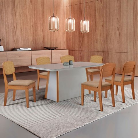 Mesa de Jantar Diane 180cm Tampo Mdf Vidro com 6 Cadeiras Copper Premium Moderna Mobília