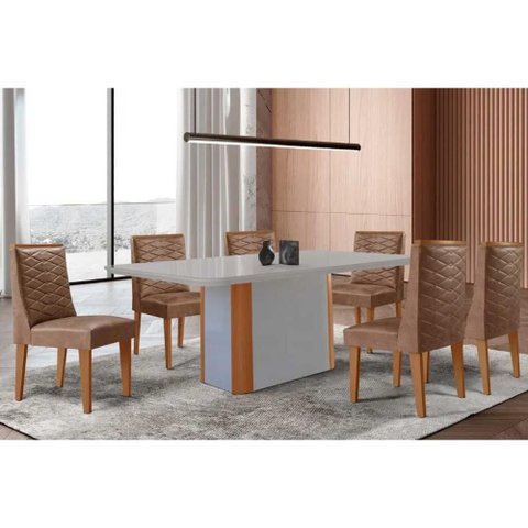 Conjunto: Mesa Sala Jantar Pietã¡ Curvo 180cm + 6 Cadeiras Dafne Madeira Naturale/off White -