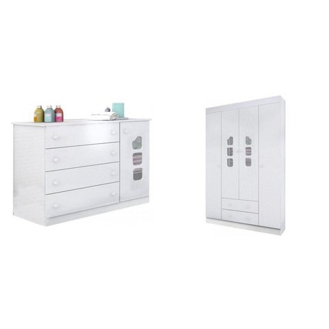 Quarto infantil com Guarda-Roupa 4 Portas 2 Gavetas e Cômoda Lívia 