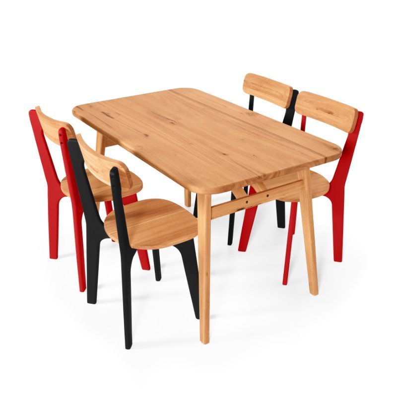Conjunto de Jantar Mesa Retangular com 4 Cadeiras em Madeira Natural - Preto e Vermelho Preto e Verm