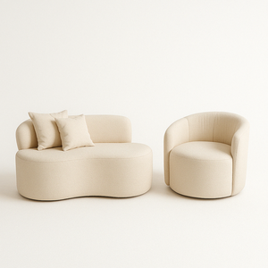 Conjunto 01 Poltrona + Sofá Curvo Orgânico Nature Gaia Boucle Bege - Montanaris Decor