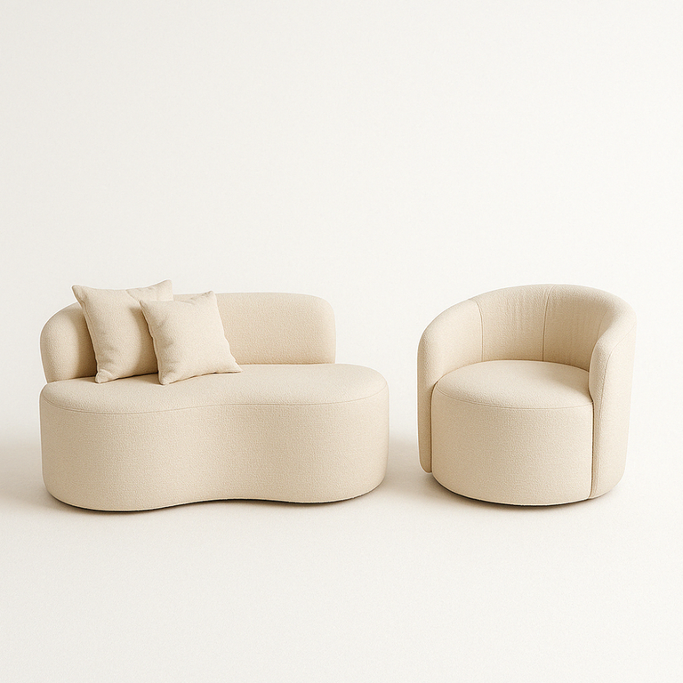 Conjunto 01 Poltrona + Sofá Curvo Orgânico Nature Gaia Boucle Bege - Montanaris Decor Conjunto 01 Poltrona + Sofá Curvo Orgânico Nature Gaia Boucle Bege - Montanaris Decor