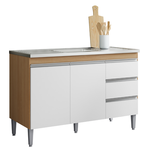 Balcão de Cozinha Gabinete 120cm Andréia sem Tampo AJL Móveis:Amêndoa Branco