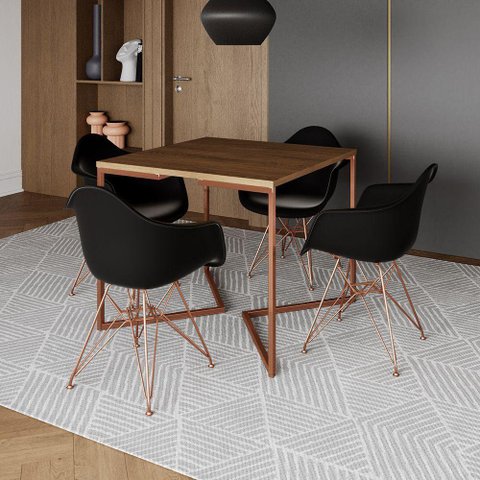 Mesa Jantar Industrial Amêndoa 90Cm Quadrada Base Cobre V C/4 Poltronas Pretas Pés Co Cor: Amendoa