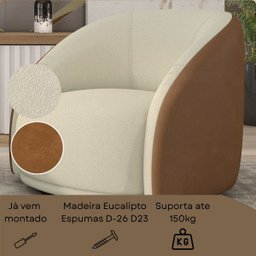 Poltrona Eva 87cm Giratoria Boucle Suave Bege Corino Terracota Premiun para Sala Luxo - 5