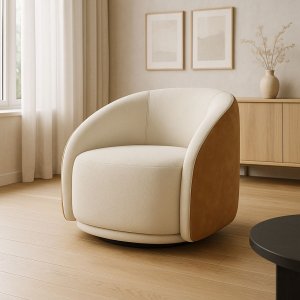 Poltrona Eva 87cm Giratoria Boucle Suave Bege Corino Terracota Premiun para Sala Luxo