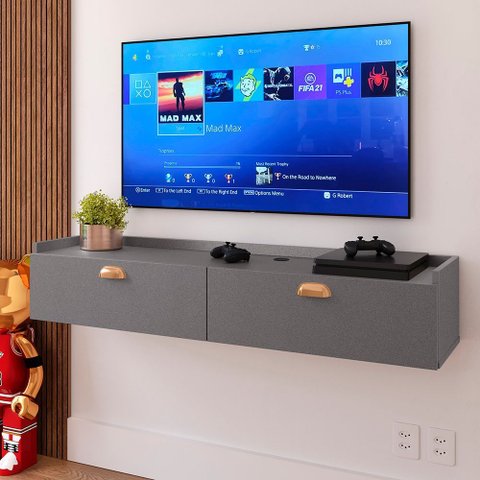 Rack Suspenso 1.20 Home Decor Tv 42" Bancada Flutuante 2 Porta Puxador Concha Sala Quarto Cinza