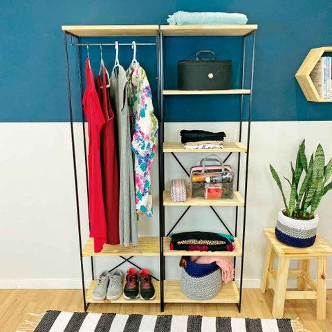Armário Arara Closet Completo Modular Slim Natural e Preto