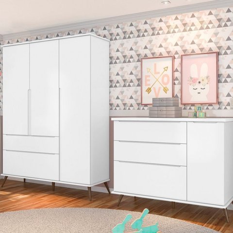 Quarto Infantil com Guarda Roupa 3 Portas 2 Gavetas e Cômoda 3 Gavetas 1 Porta Melinda 