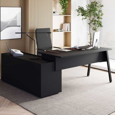Mesa L Diretor Escritório com Armário Lateral 3 Gavetas 200cm Industrial Tampo Cavado e Pés Metal Ex