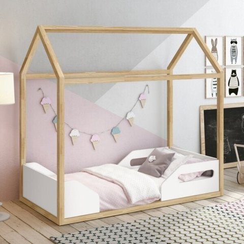 Mini Cama Infantil Montessoriana Zoe Branco/Fosco/Madeira Pinus
