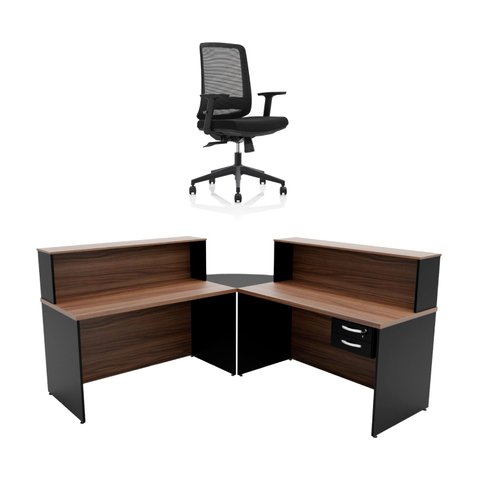 Balcão de Atendimento em L com Gaveta 140x60cm para Recepção + Cadeira de Escritório Reclinável