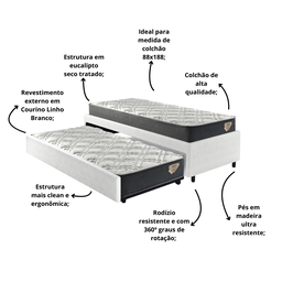 Bicama Box Solteiro Courino Linho Branco 88x188 com Dois Colchões Adapto Molas Ensacadas Ecoflex - 4