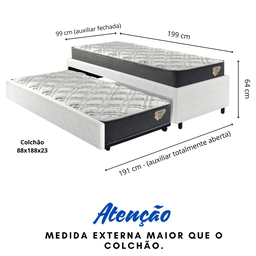 Bicama Box Solteiro Courino Linho Branco 88x188 com Dois Colchões Adapto Molas Ensacadas Ecoflex - 2