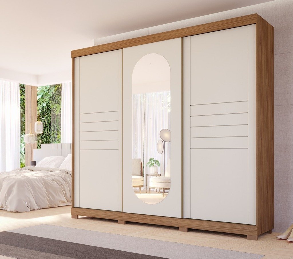 Guarda Roupa 100% MDF 3 Portas Correr 8 Gavetas Com Espelho Madri - Panan