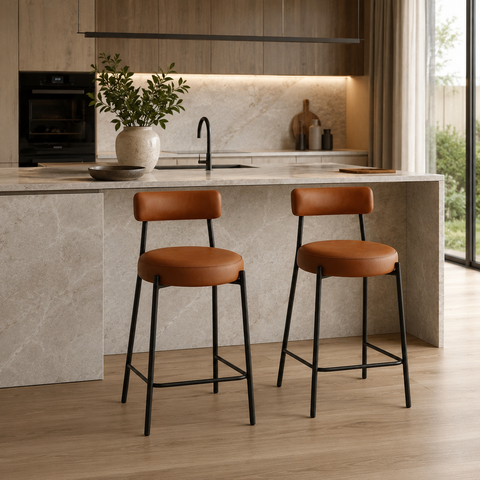 Kit 2 Banquetas com Encosto Conjunto Cozinha Alta Industrial e Apoio para Pés Preto Londres PU Nozes