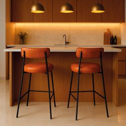 Banqueta de Cozinha Baixa com Encosto Industrial em Aço Kit 2 Londres Pu Nozes D03 - D'rossi - 1