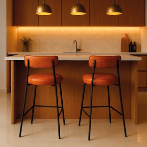 Banqueta de Cozinha Baixa com Encosto Industrial em Aço Kit 2 Londres Pu Nozes D03 - D'rossi