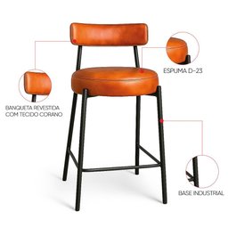 Banqueta de Cozinha Baixa com Encosto Industrial em Aço Kit 2 Londres Pu Nozes D03 - D'rossi - 3