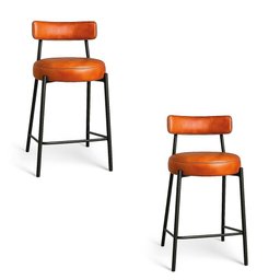 Banqueta de Cozinha Baixa com Encosto Industrial em Aço Kit 2 Londres Pu Nozes D03 - D'rossi - 2