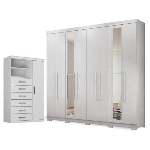 Guarda Roupa Casal com Cômoda Master New 8 Portas de Bater 4 Gavetas MDP Branco Brilho Santos Andir