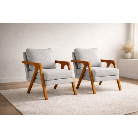 Kit 2 Poltronas Mona Luxo Madeira Maciça Linho Cinza para Sala de Estar Decorativa Moderna