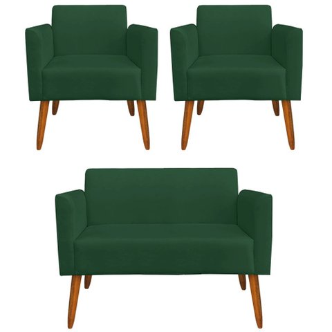 Conjunto Namoradeira e 2 Poltronas Decorativas Isabella Pés Palito Madeira Suede Verde - Gran Belo