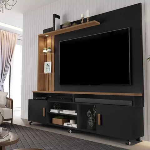 Estante Home para TV até 65 Polegadas 187cmx180cm Ripado com LED e Rodízios Ocean