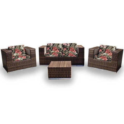Conjunto de Sofá Fibra Sintética Quadrado - 1 Sofá 2L + 2 Poltronas + 1 Mesa Centro - Tecido Maui Pr