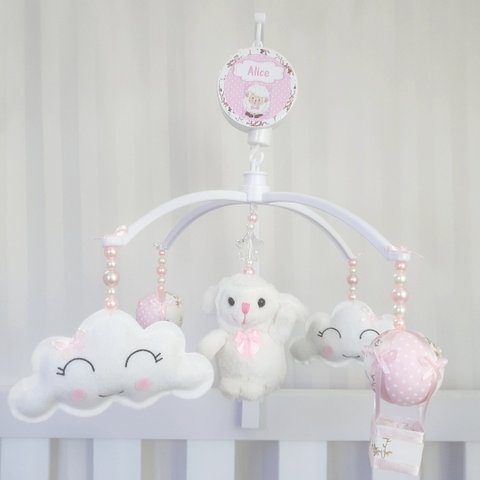 Mobile para Berço Musical Giratório Ovelha Balão Rosa
