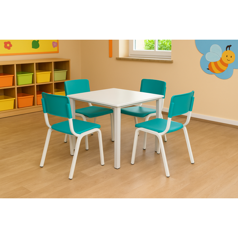 Mesa Branca Infantil com 4 Cadeiras Plástico Verde Água Estrutura Metálica