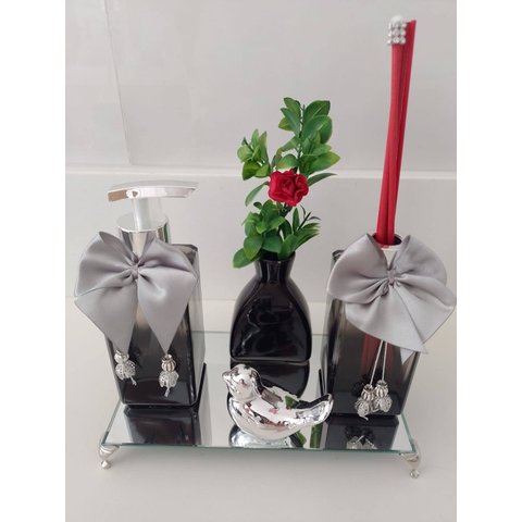 Kit Lavabo Luxo Difusor com varetas Saboneteira Bandeja Vaso E Enfeite