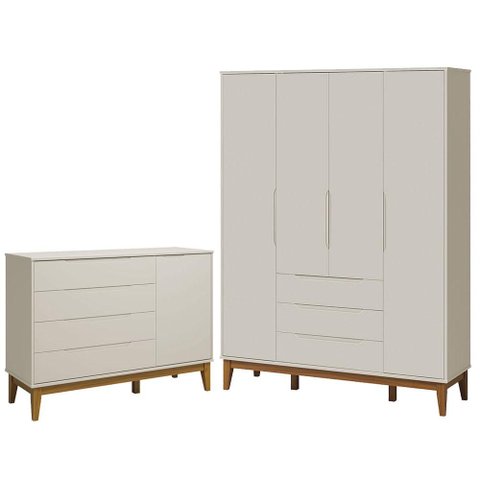 Guarda Roupa Infantil e Cômoda com Porta Classic Elfe Areia Acetinado Amadeirado - Reller