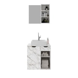 Kit de Banheiro Gabinete Suspenso com Pia e Espelheira Mármore Branco - 2