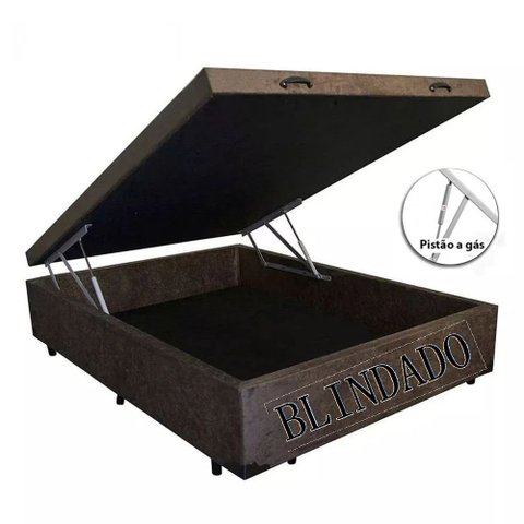 Cama Box Baú Casal Blindado Suede Marrom Com Pistão A Gás