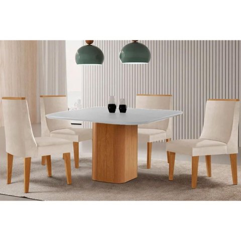 Conjunto: Mesa de Cozinha Maldivas Tampo c/ Vidro Curvo 90cm+4 Cadeiras Dakota Madeira Naturale/Off