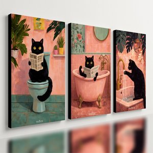 Kit3 Quadro Decorativo Gato Banheiro Moderno Pintura Vintage Qualidade Premium 28x20cm