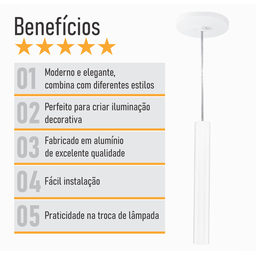 Pendente Tubo Palito 30cm - Branco com Anel Cobre - 5