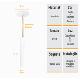 Pendente Tubo Palito 30cm - Branco com Anel Cobre - 4