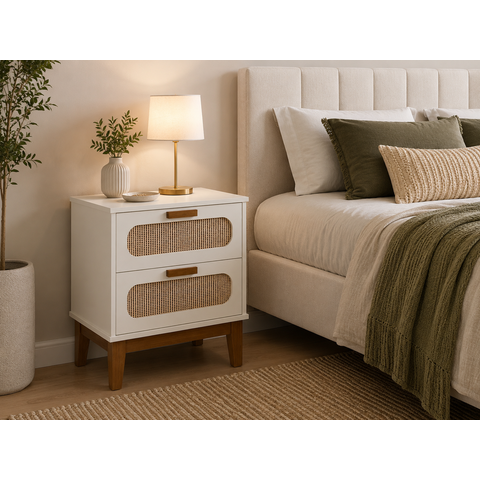 Mesa de Cabeceira Santorini 45cm Branco Detalhe na Gaveta Tela Indiana e Design Moderno