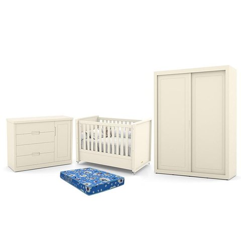 Dormitório Tutto New 2 Portas, Cômoda 1 Porta, Berço Off White com Colchão - Matic Móveis