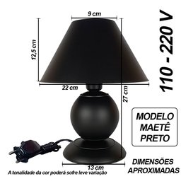 Abajur Moderno Decoração Quarto Sala Luminária Maetê Preta Cúpula Preta - 4