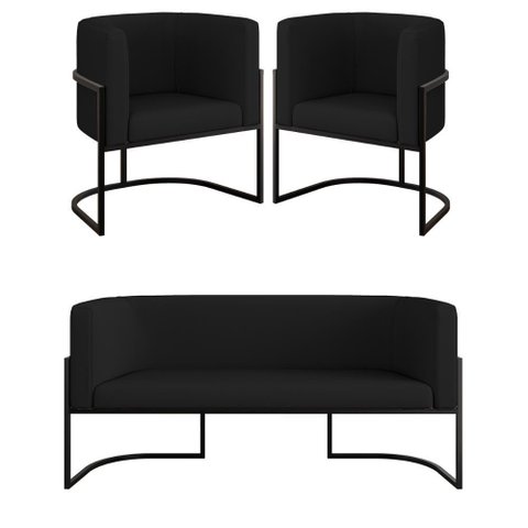 Kit Sofá 2 Lugares + 2 Poltronas Corino Preto Preto