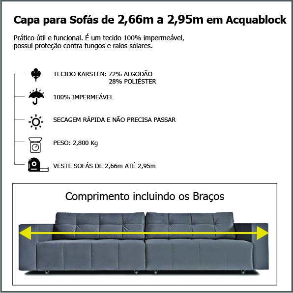 Capa para Sofá Retrátil e Reclinável em Acquablock Impermeável - Veste Sofás de 2,66M até 2,95M - Grafit - 3