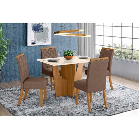 Conjunto: Mesa de Cozinha Vértice Tampo Madeirado C/ Vidro Canto Reto 120x80cm e 4 Cadeiras Bella