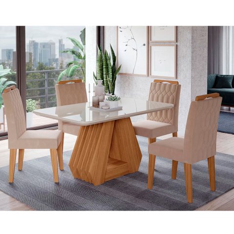Conjunto Sala de Jantar Retangular 4 Lugares Mesa Tampo de Vidro 130 cm Agata Cadeiras Estofadas Pao