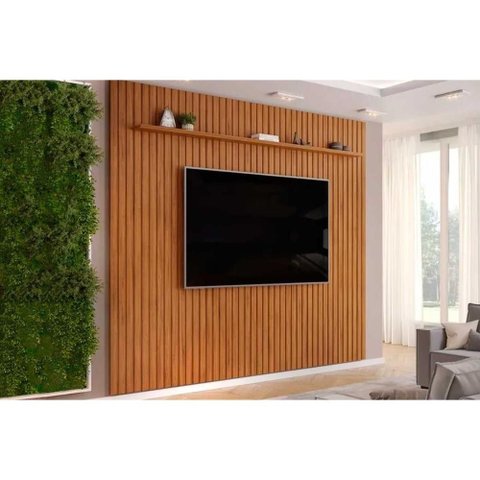 Rack Bancada C/ Painel P/ Tv até 85 Pol Pratic Ripado 1 Prateleira 275x240cm Freijo - Dj Móveis
