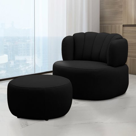 Conjunto Sala de estar Decorativo Mariele Poltrona Base Giratória em Aço com Puff Couro Preto G88 - 