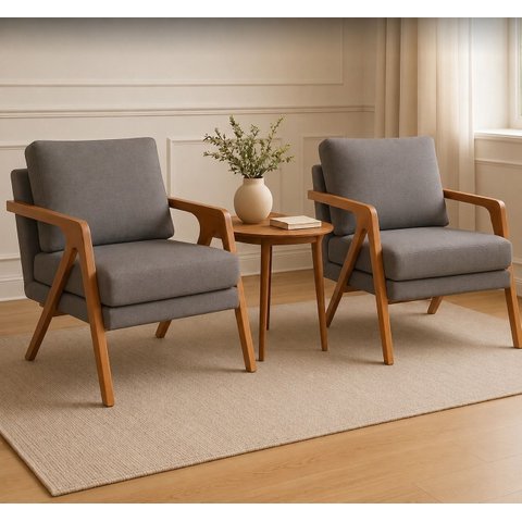 Kit 2 Poltronas Decorativa Mona Luxo Linho Cinza Base Madeira Maciça