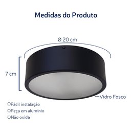 Plafon Redondo de Aluminio Preto 20cm - 3